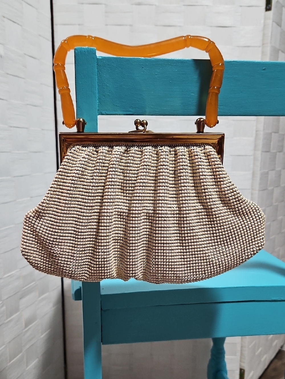 Whiting & Davis Cream Vintage Metal Mesh Clutch with Amber Handle